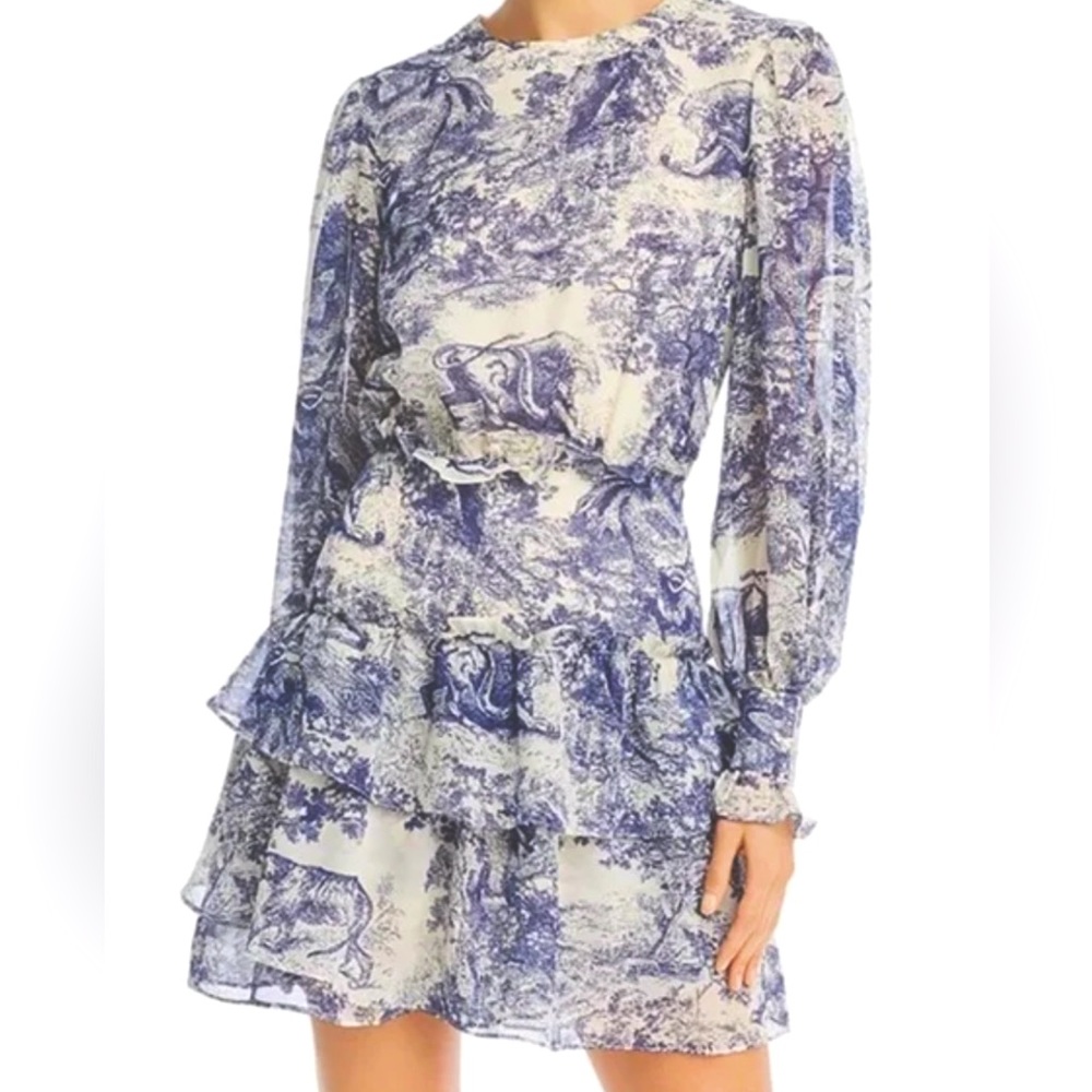 Bloomingdale’s Aqua Brand Blue and White Ruffled Toile Dress